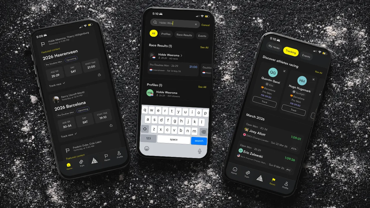 Home feed Track button, search results, and Track race button
