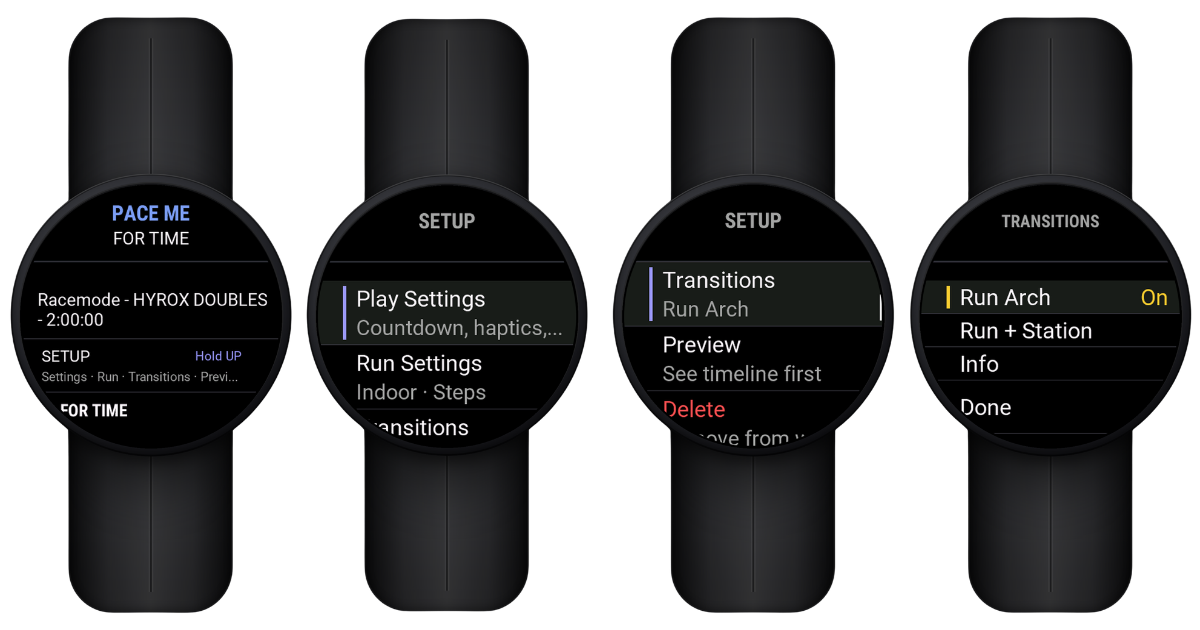 Garmin watch PaceMe Setup screen, and the Setup, Run Settings, and Transitions menus with Run Arch selected